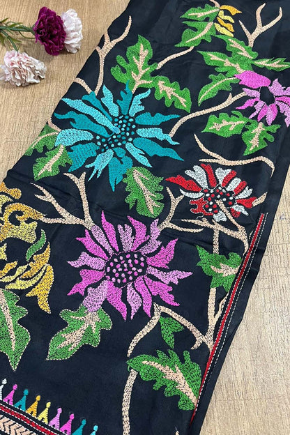 Black Hand Embroidered Kantha Bangalore Silk Unstitched Kurti - Luxurion World