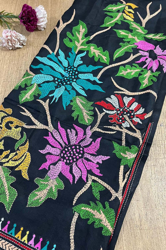 Black Hand Embroidered Kantha Bangalore Silk Unstitched Kurti - Luxurion World