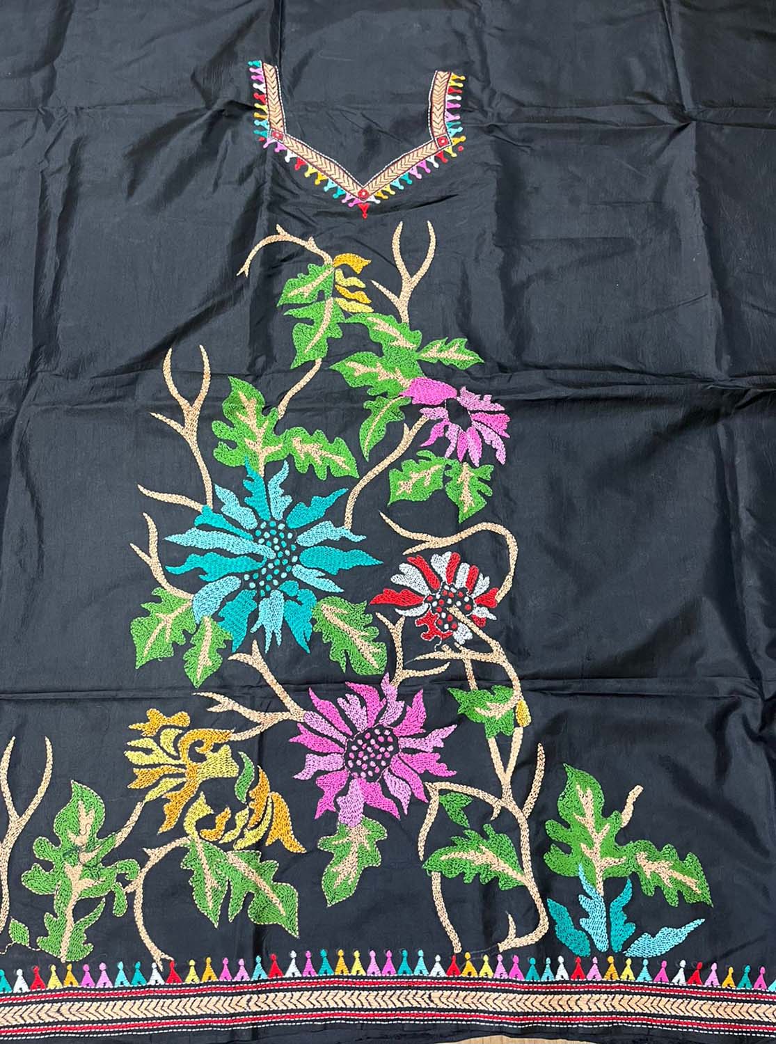Black Hand Embroidered Kantha Bangalore Silk Unstitched Kurti - Luxurion World