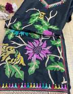 Black Hand Embroidered Kantha Bangalore Silk Unstitched Kurti - Luxurion World