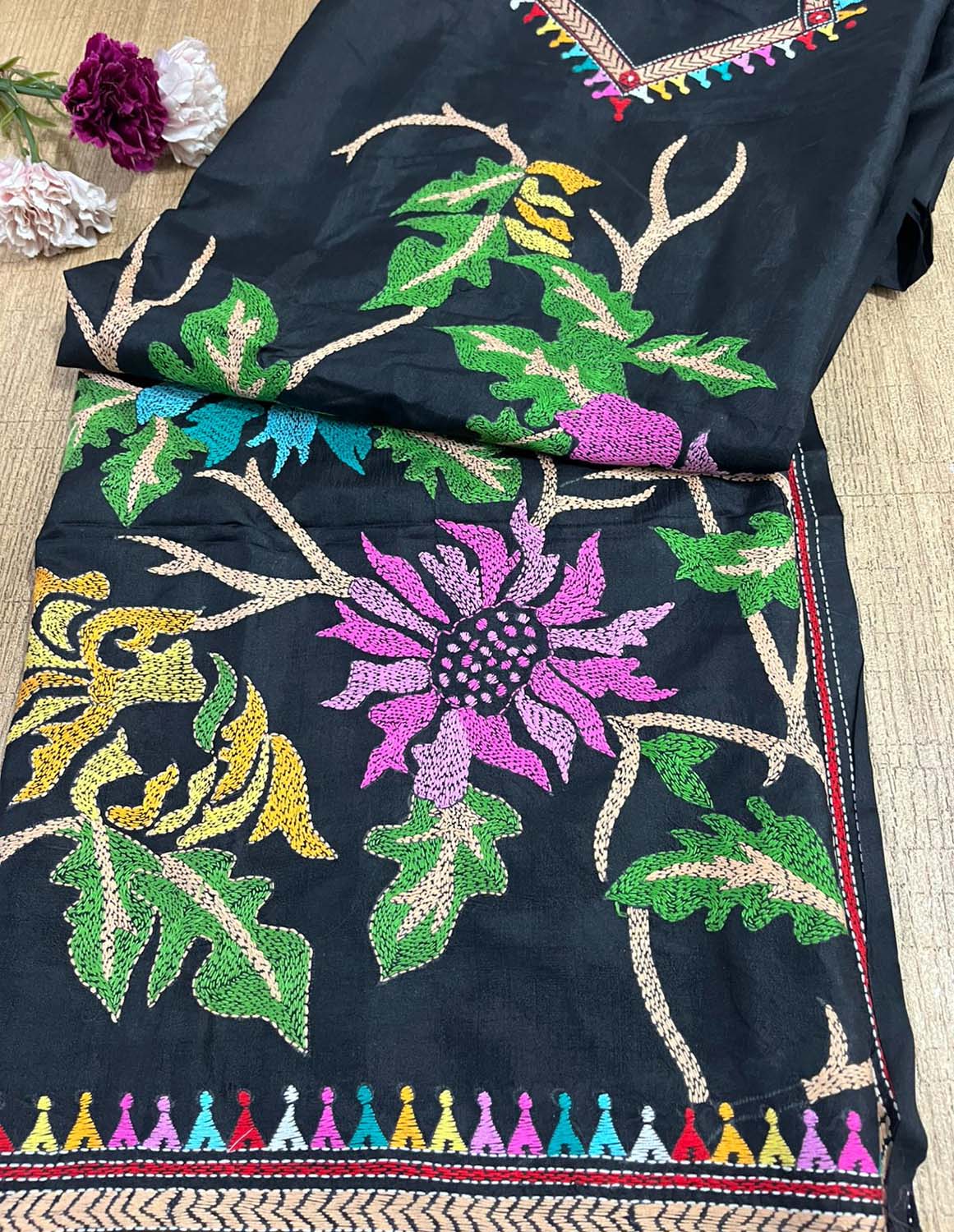 Black Hand Embroidered Kantha Bangalore Silk Unstitched Kurti - Luxurion World