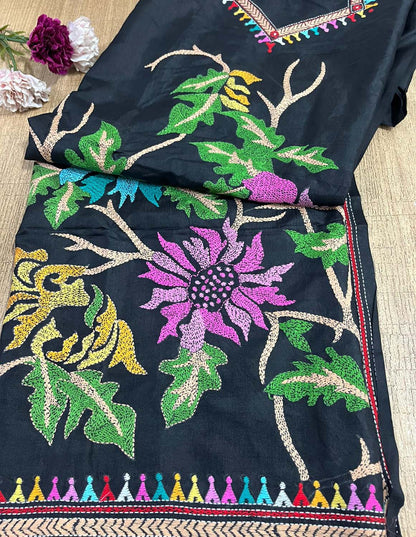 Black Hand Embroidered Kantha Bangalore Silk Unstitched Kurti - Luxurion World