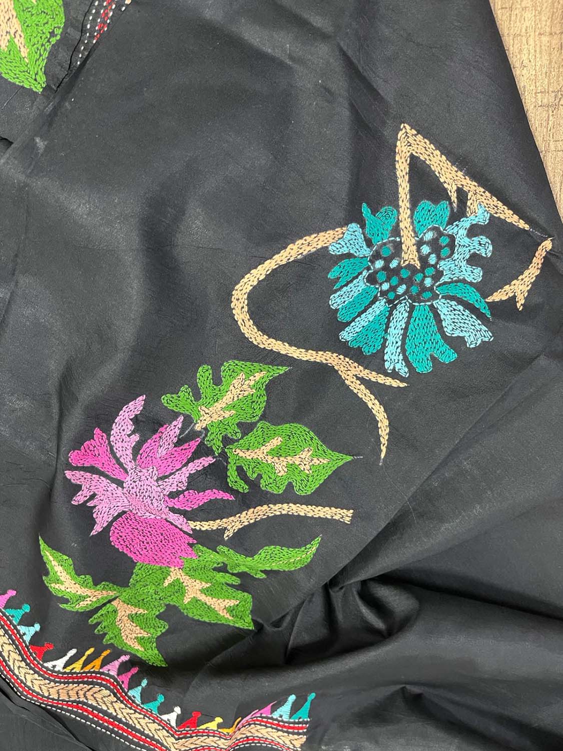 Black Hand Embroidered Kantha Bangalore Silk Unstitched Kurti - Luxurion World