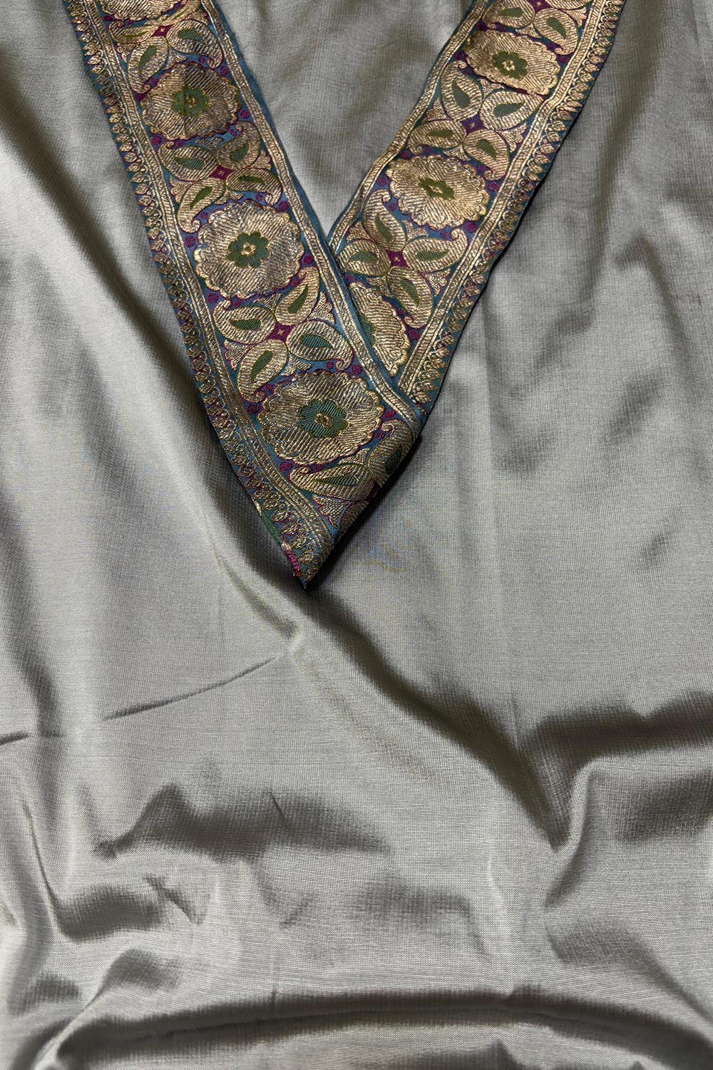 Grey Plain Soft Silk Unstitched Kurti Fabric With Vintage Banarasi Border - Luxurion World