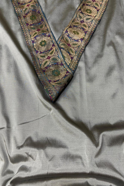 Grey Plain Soft Silk Unstitched Kurti Fabric With Vintage Banarasi Border - Luxurion World