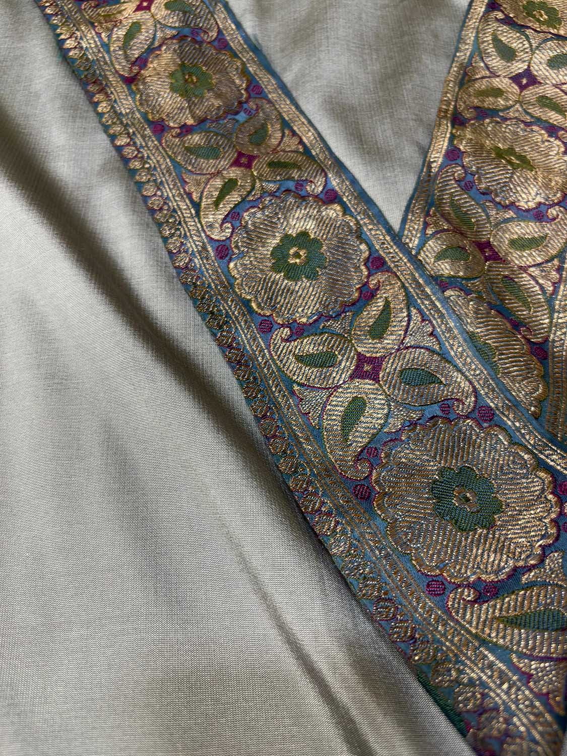 Grey Plain Soft Silk Unstitched Kurti Fabric With Vintage Banarasi Border - Luxurion World