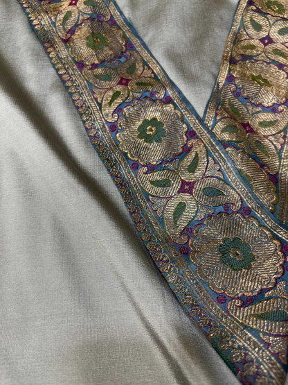 Grey Plain Soft Silk Unstitched Kurti Fabric With Vintage Banarasi Border - Luxurion World
