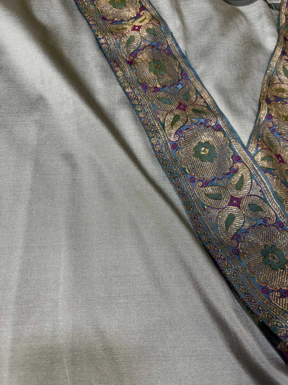 Grey Plain Soft Silk Unstitched Kurti Fabric With Vintage Banarasi Border - Luxurion World