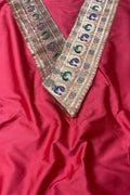 Red Plain Soft Silk Unstitched Kurti Fabric With Vintage Banarasi Border - Luxurion World