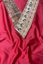 Red Plain Soft Silk Unstitched Kurti Fabric With Vintage Banarasi Border - Luxurion World