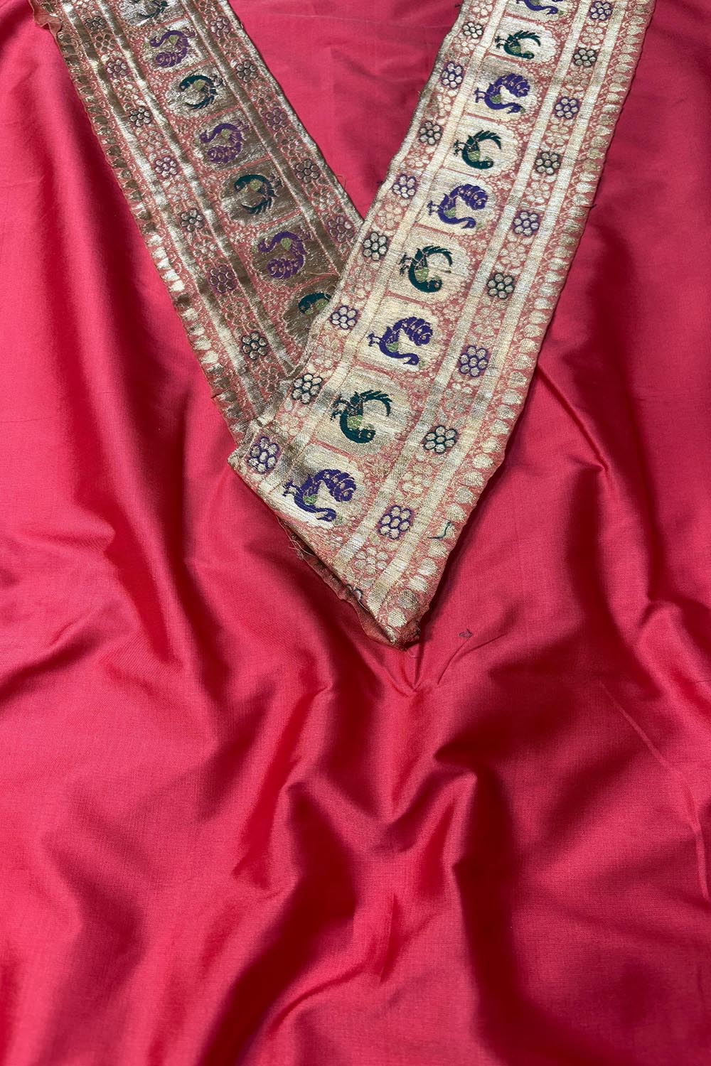 Red Plain Soft Silk Unstitched Kurti Fabric With Vintage Banarasi Border - Luxurion World