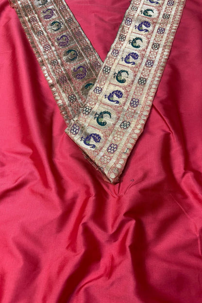 Red Plain Soft Silk Unstitched Kurti Fabric With Vintage Banarasi Border - Luxurion World