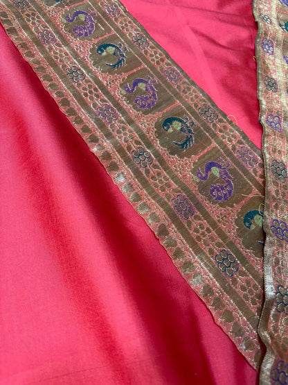 Red Plain Soft Silk Unstitched Kurti Fabric With Vintage Banarasi Border - Luxurion World