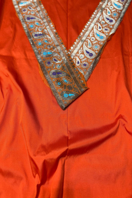 Orange Plain Soft Silk Unstitched Kurti Fabric With Vintage Banarasi Border - Luxurion World