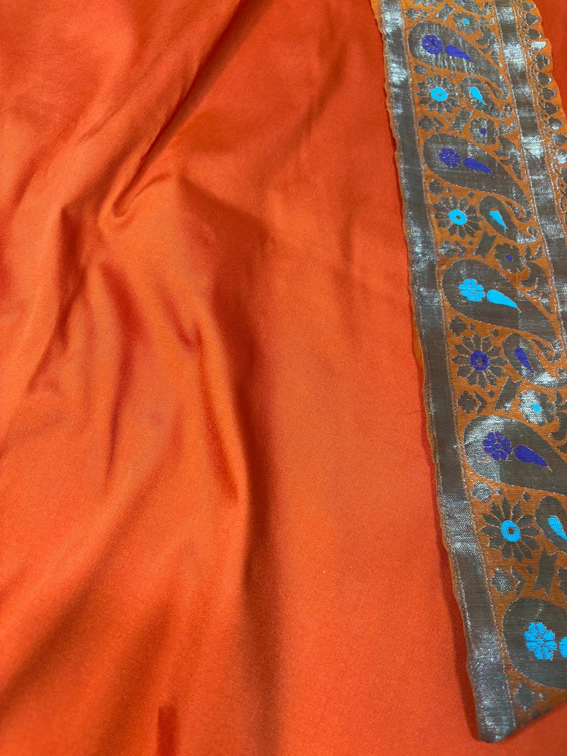 Orange Plain Soft Silk Unstitched Kurti Fabric With Vintage Banarasi Border - Luxurion World