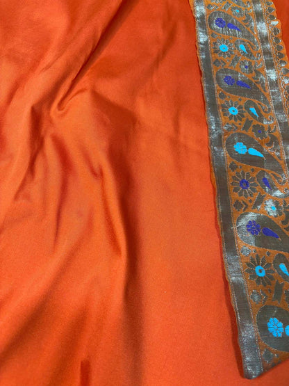 Orange Plain Soft Silk Unstitched Kurti Fabric With Vintage Banarasi Border - Luxurion World