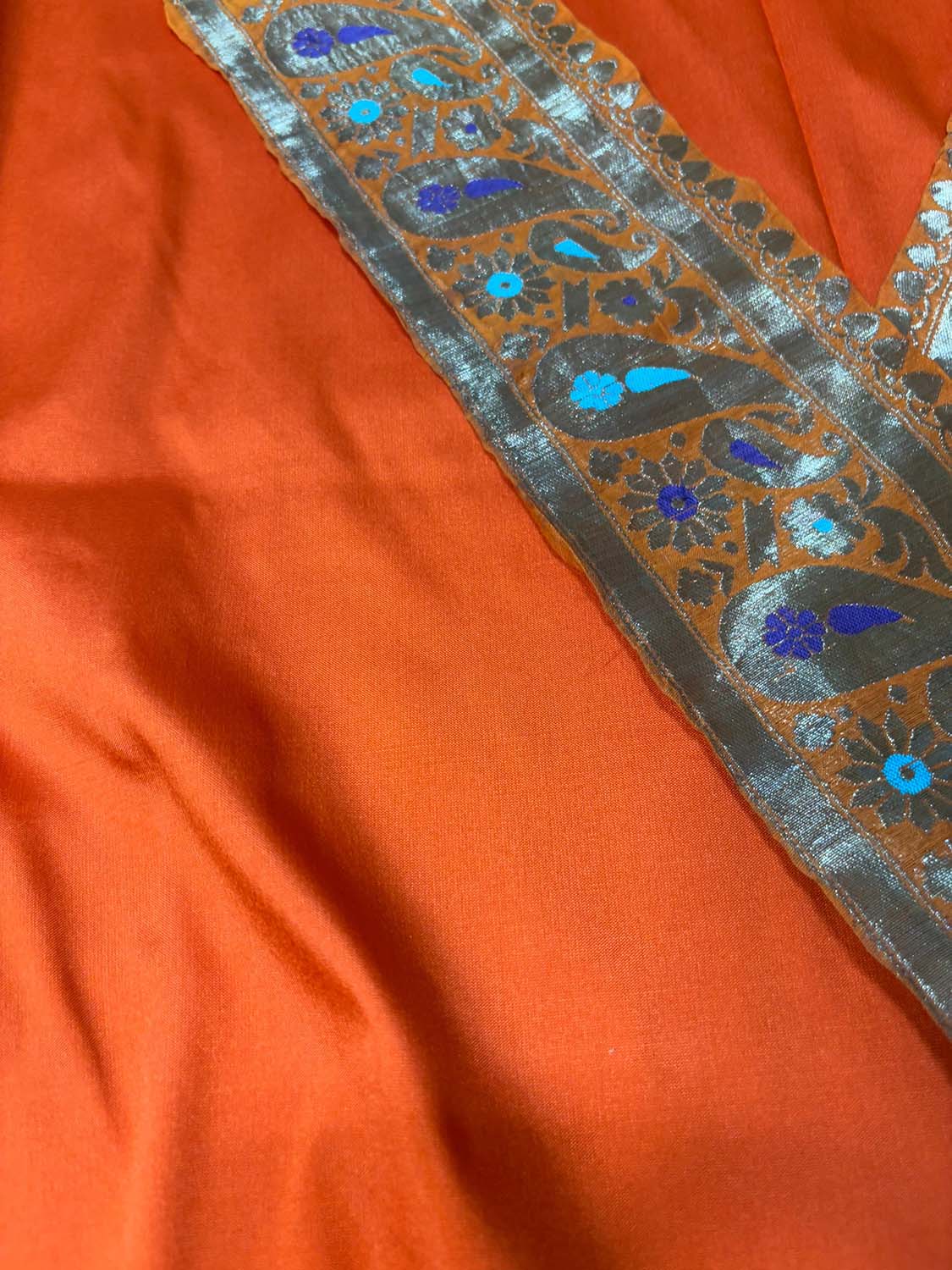 Orange Plain Soft Silk Unstitched Kurti Fabric With Vintage Banarasi Border - Luxurion World