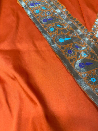 Orange Plain Soft Silk Unstitched Kurti Fabric With Vintage Banarasi Border - Luxurion World