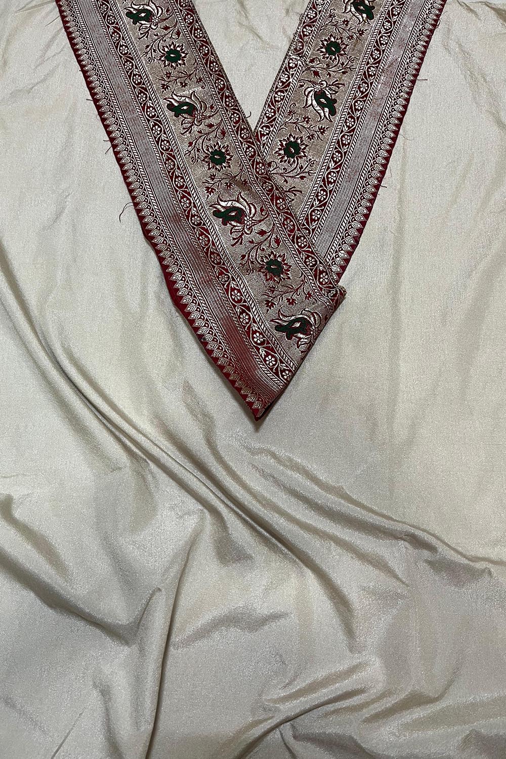 Grey Plain Soft Silk Unstitched Kurti Fabric With Vintage Banarasi Border - Luxurion World