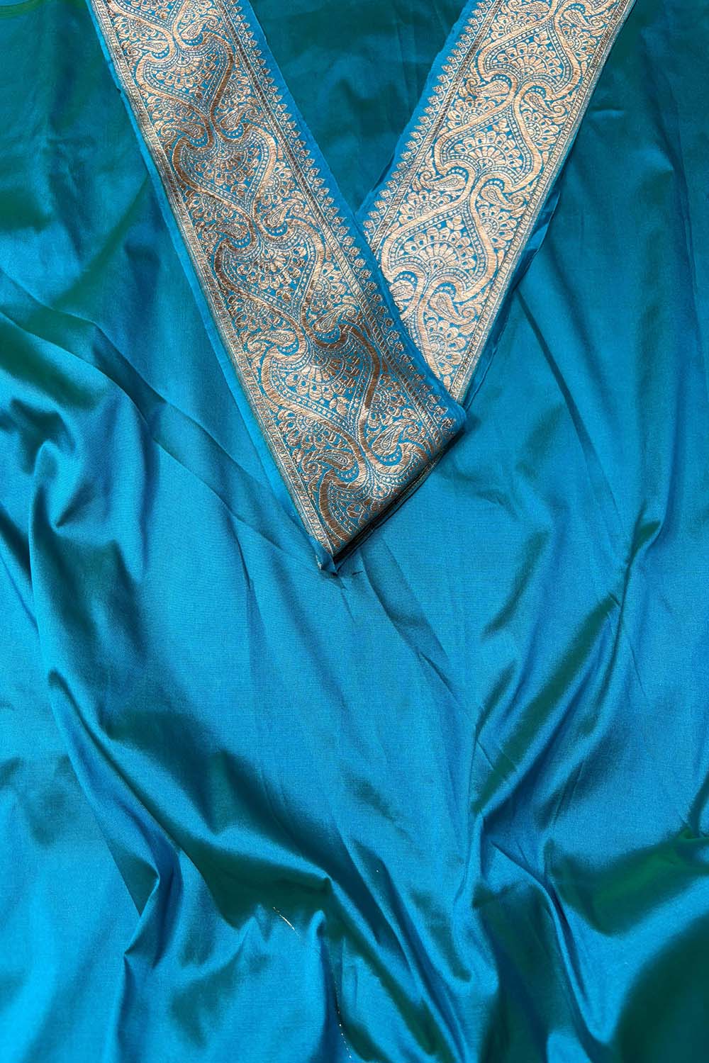 Blue Pink Plain Soft Silk Unstitched Kurti Fabric With Vintage Banarasi Border - Luxurion World