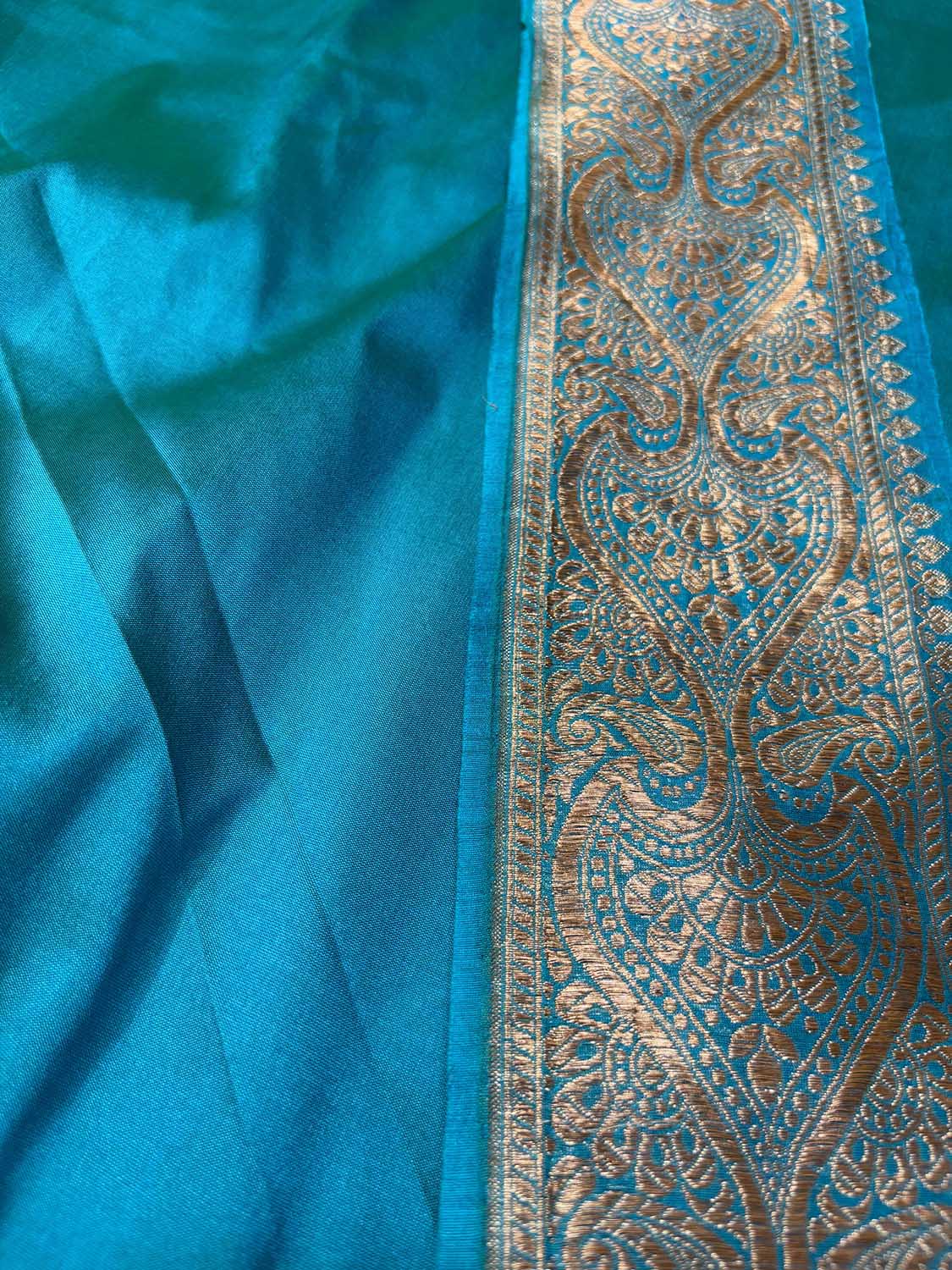 Blue Pink Plain Soft Silk Unstitched Kurti Fabric With Vintage Banarasi Border - Luxurion World