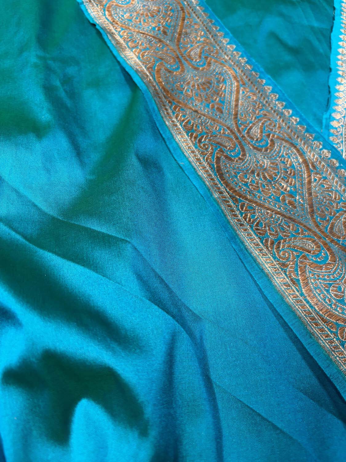 Blue Pink Plain Soft Silk Unstitched Kurti Fabric With Vintage Banarasi Border - Luxurion World