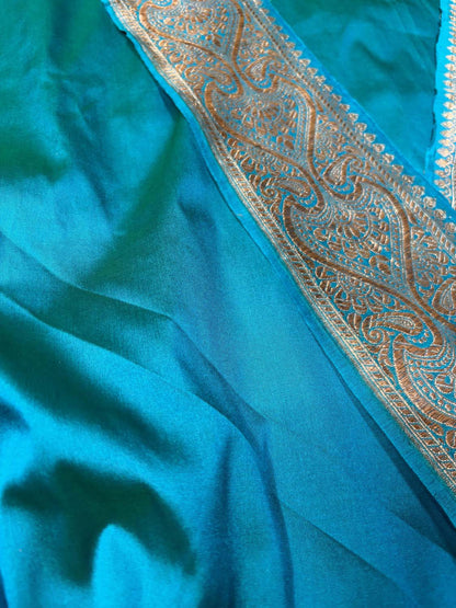 Blue Pink Plain Soft Silk Unstitched Kurti Fabric With Vintage Banarasi Border - Luxurion World