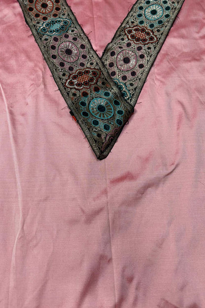 Pink Plain Soft Silk Unstitched Kurti Fabric With Vintage Banarasi Border - Luxurion World