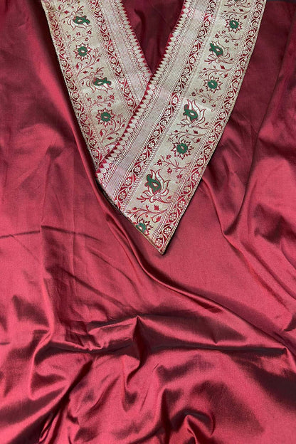 Maroon Plain Soft Silk Unstitched Kurti Fabric With Vintage Banarasi Border - Luxurion World