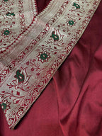 Maroon Plain Soft Silk Unstitched Kurti Fabric With Vintage Banarasi Border - Luxurion World