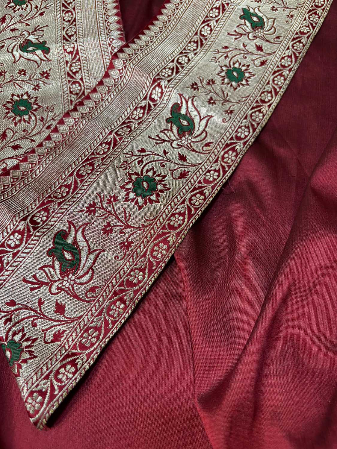 Maroon Plain Soft Silk Unstitched Kurti Fabric With Vintage Banarasi Border - Luxurion World
