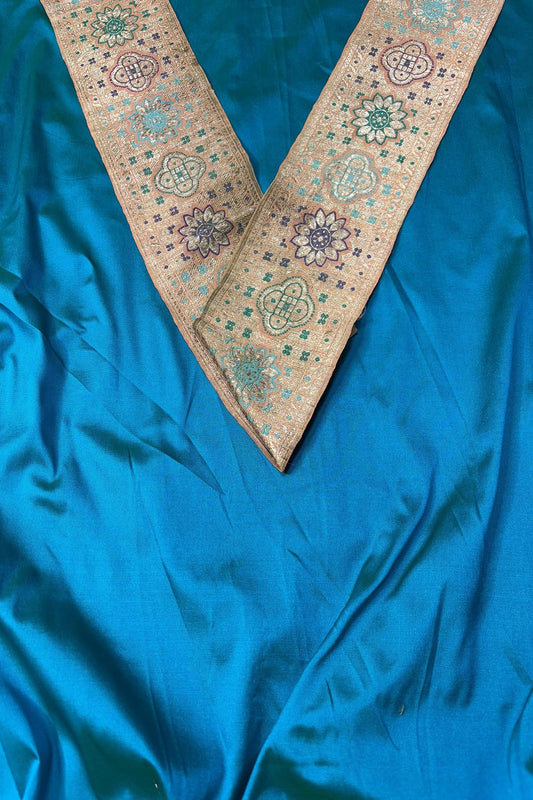 Blue Pink Plain Soft Silk Unstitched Kurti Fabric With Vintage Banarasi Border - Luxurion World