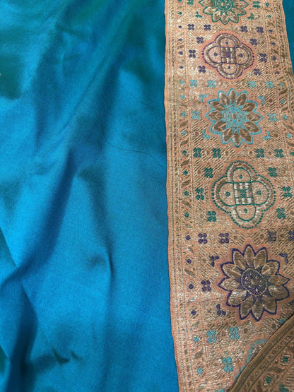 Blue Pink Plain Soft Silk Unstitched Kurti Fabric With Vintage Banarasi Border - Luxurion World