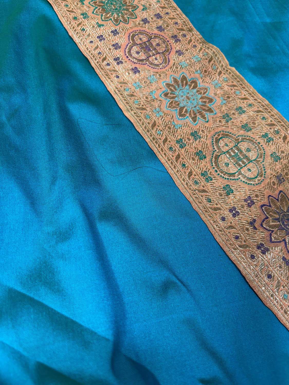 Blue Pink Plain Soft Silk Unstitched Kurti Fabric With Vintage Banarasi Border - Luxurion World