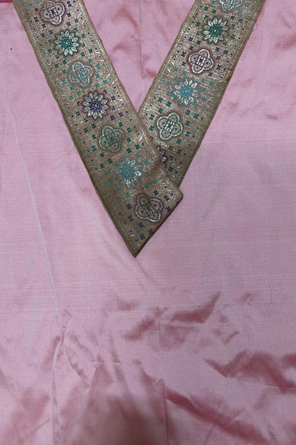 Pink Plain Soft Silk Unstitched Kurti Fabric With Vintage Banarasi Border - Luxurion World