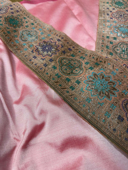 Pink Plain Soft Silk Unstitched Kurti Fabric With Vintage Banarasi Border - Luxurion World