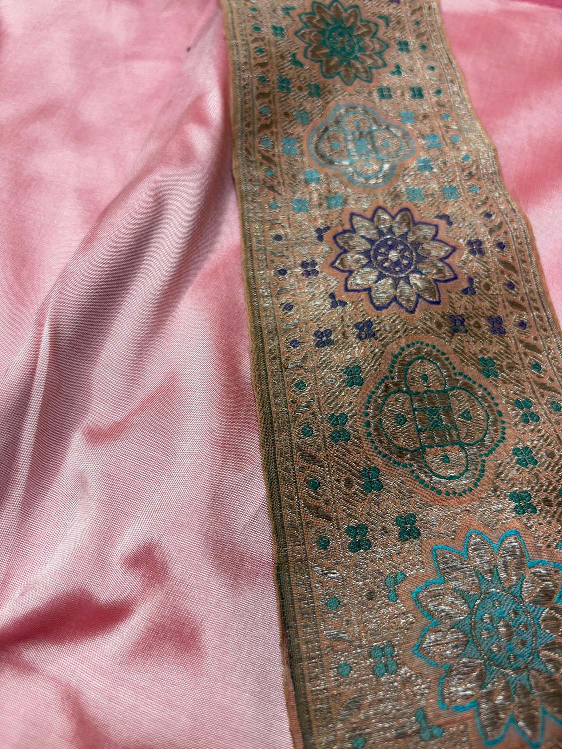 Pink Plain Soft Silk Unstitched Kurti Fabric With Vintage Banarasi Border - Luxurion World