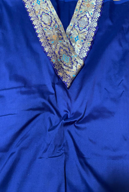 Blue Plain Soft Silk Unstitched Kurti Fabric With Vintage Banarasi Border - Luxurion World