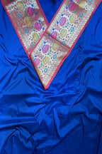 Blue Plain Soft Silk Unstitched Kurti Fabric With Red Paithani Silk Flower Design Lace - Luxurion World