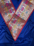 Blue Plain Soft Silk Unstitched Kurti Fabric With Red Paithani Silk Flower Design Lace - Luxurion World