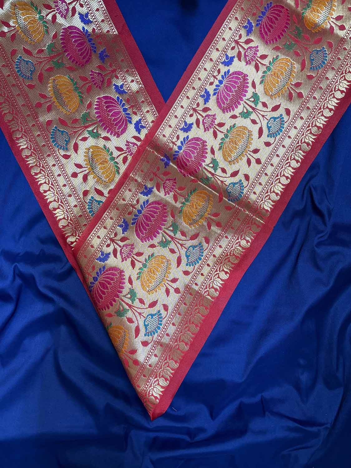 Blue Plain Soft Silk Unstitched Kurti Fabric With Red Paithani Silk Flower Design Lace - Luxurion World