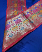 Blue Plain Soft Silk Unstitched Kurti Fabric With Red Paithani Silk Flower Design Lace - Luxurion World