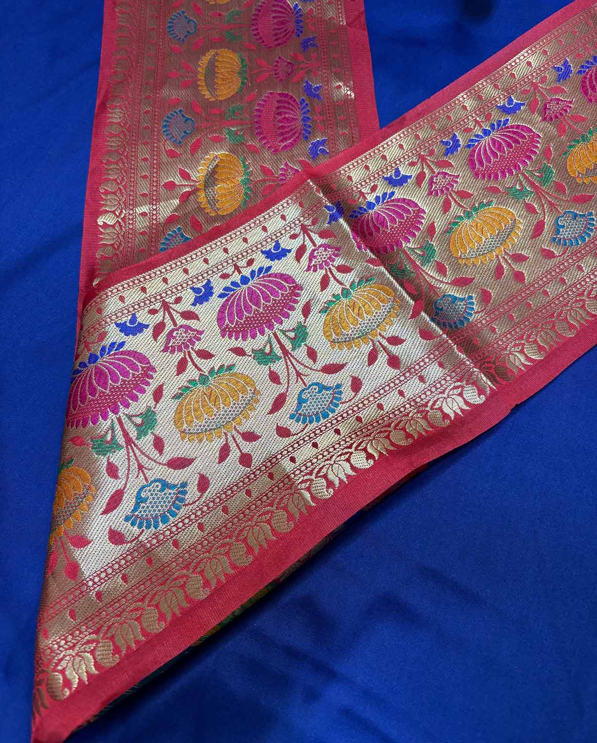 Blue Plain Soft Silk Unstitched Kurti Fabric With Red Paithani Silk Flower Design Lace - Luxurion World