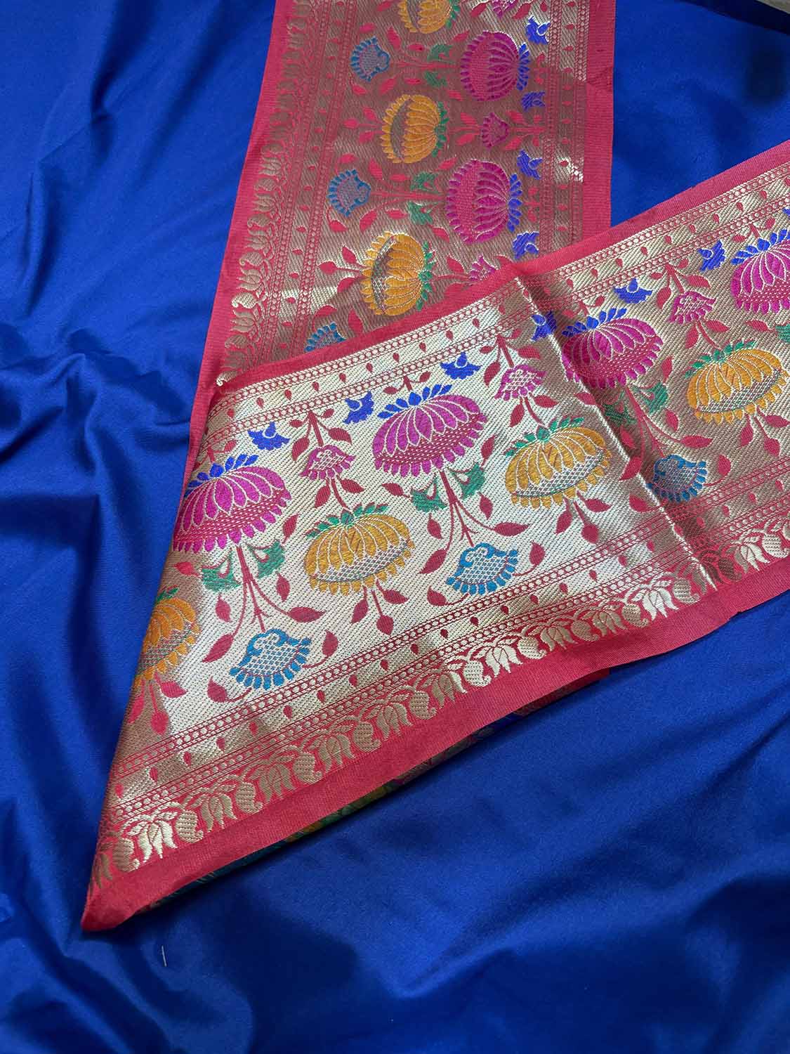 Blue Plain Soft Silk Unstitched Kurti Fabric With Red Paithani Silk Flower Design Lace - Luxurion World