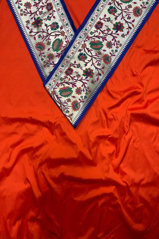 Orange Plain Soft Silk Unstitched Kurti Fabric With Blue Paithani Silk Flower Design Lace - Luxurion World