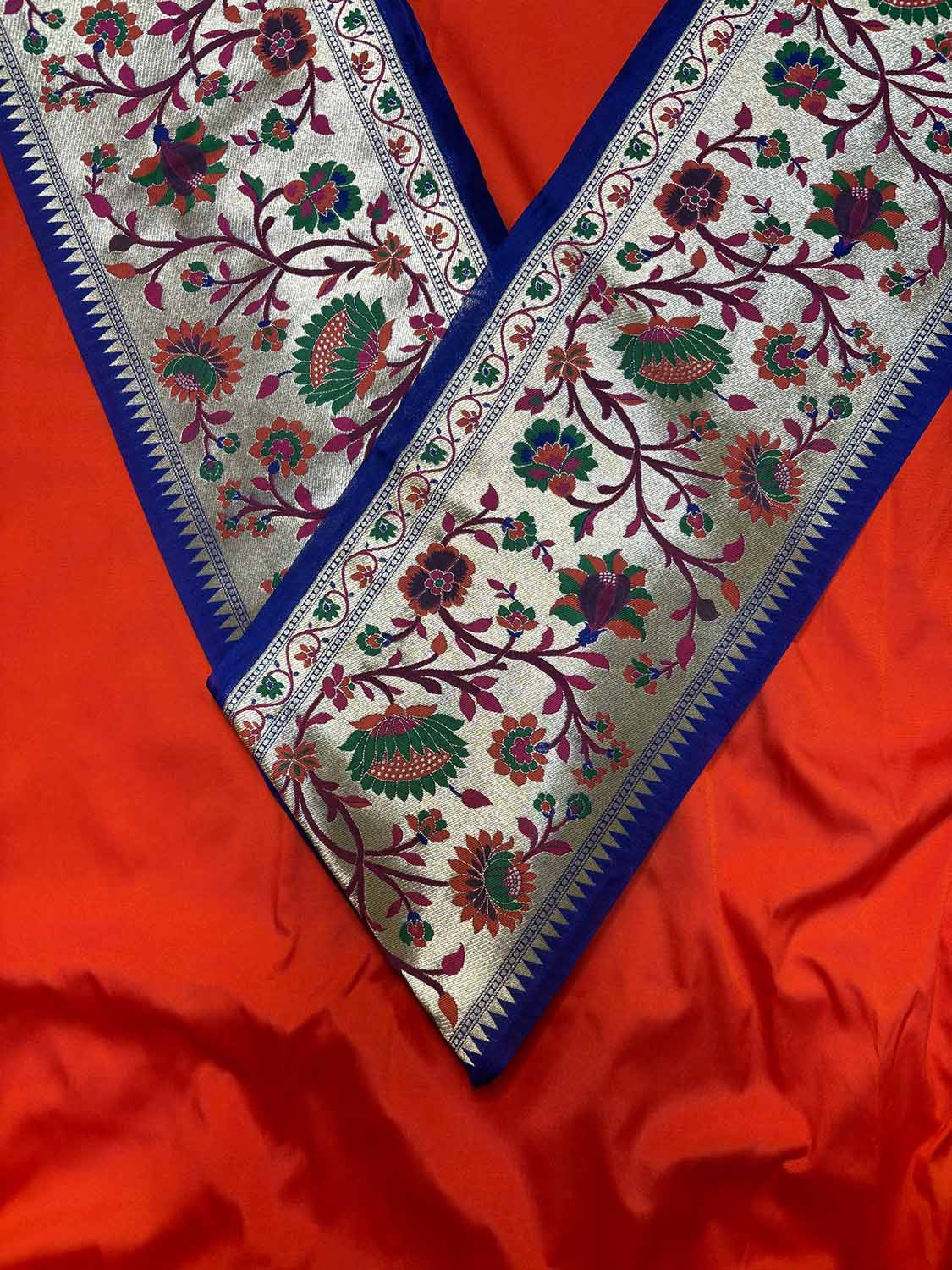 Orange Plain Soft Silk Unstitched Kurti Fabric With Blue Paithani Silk Flower Design Lace - Luxurion World