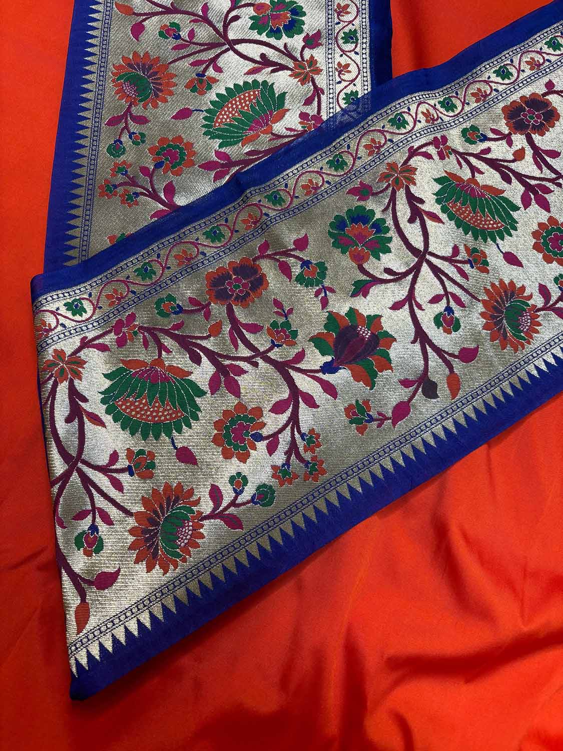 Orange Plain Soft Silk Unstitched Kurti Fabric With Blue Paithani Silk Flower Design Lace - Luxurion World