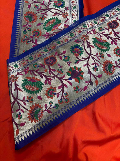 Orange Plain Soft Silk Unstitched Kurti Fabric With Blue Paithani Silk Flower Design Lace - Luxurion World