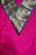 Pink Plain Soft Silk Unstitched Kurti Fabric With Green Paithani Silk Flower Design Lace - Luxurion World
