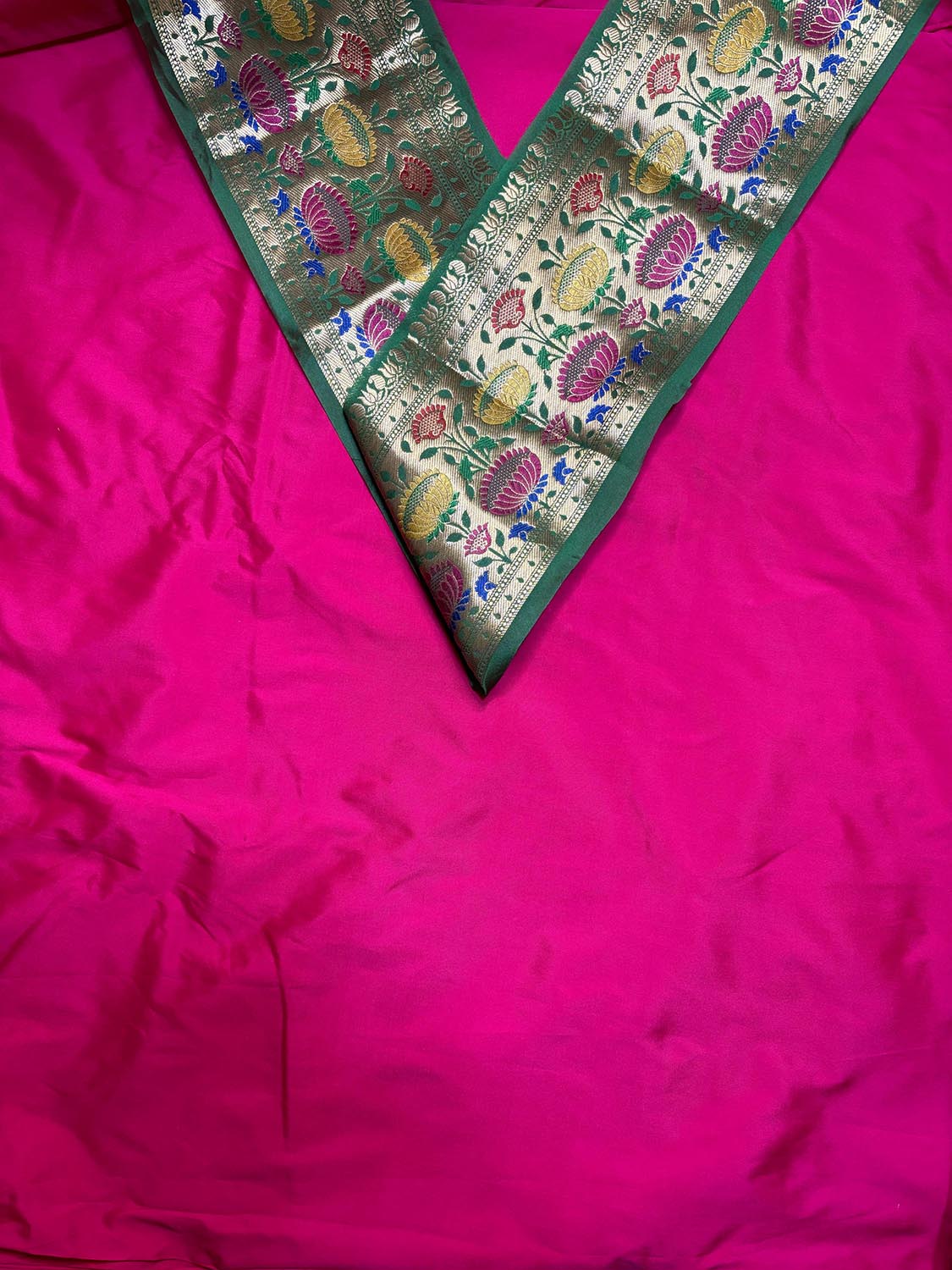 Pink Plain Soft Silk Unstitched Kurti Fabric With Green Paithani Silk Flower Design Lace - Luxurion World